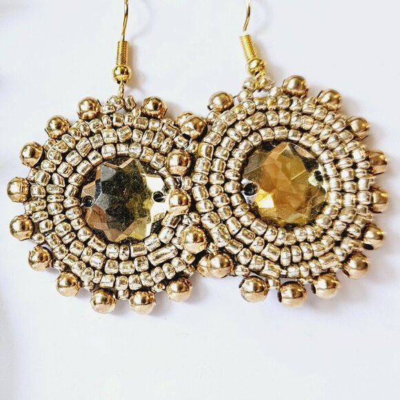 2/$27 | Gold Shield Beaded Indigenous Hoop Earrings | Handmade Native American - Picture 1 of 5